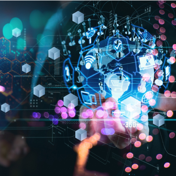 Metaverse digital cyber world technology concept businessman success working with his team as concept with virtual digital dashboard interface with The real world with the virtual world overlapped